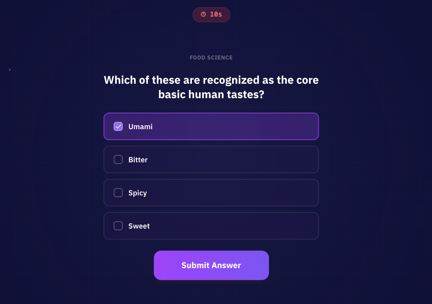 A multiple choice Trivia question on a player's phone, with Umami selected among the core basic human tastes.